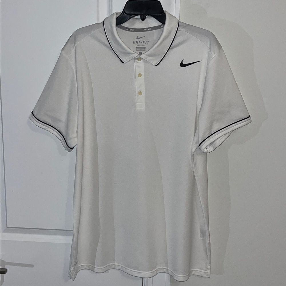 New men’s Nike Tennis Dri Fit white black trim swoosh polo golf shirt XL NWOT